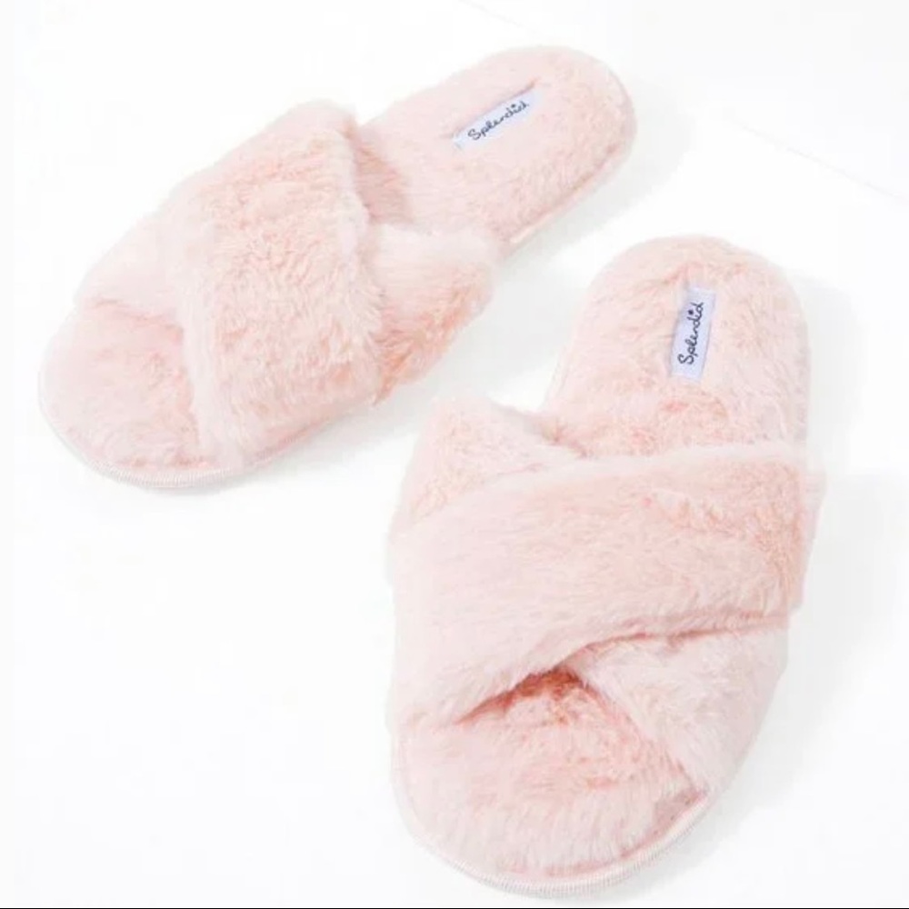 Splendid Fuzzy Slippers Light Pink Faux Fur Cross Slides Women's M/L 8-11 NWT